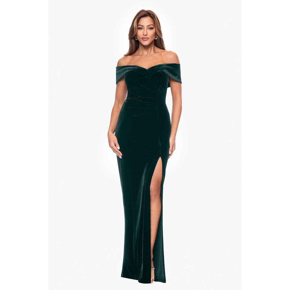 Xscape Formal Evening Gown Sz 8P Green Velvet Wedding Party Mother-Bride Dress